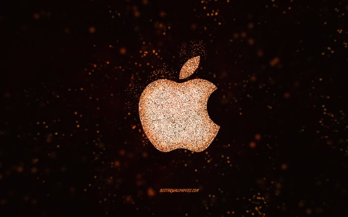 アップルキラキラロゴ, 黒の背景, アップルのロゴ, オレンジ色のキラキラアート, Apple（アップル）, クリエイティブアート, アップルオレンジキラキラロゴ