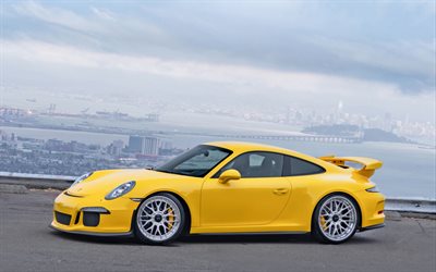 Porsche 991 GT3, coup&#233; sport jaune, roues Strasse, tuning Porsche 991 GT3, voitures de sport allemandes, Porsche