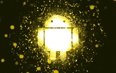 Android yellow logo, 4k, yellow neon lights, creative, yellow abstract background, Android logo, OS, Android