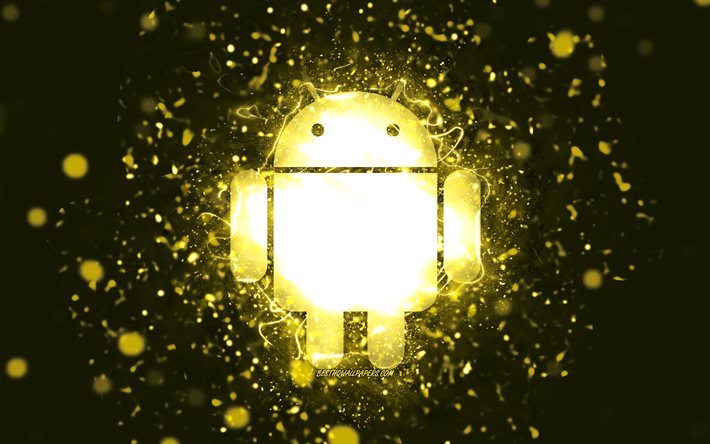 Android sarı logo, 4k, sarı neon ışıklar, yaratıcı, sarı arka plan, Android logosu, İşletim Sistemi, Android