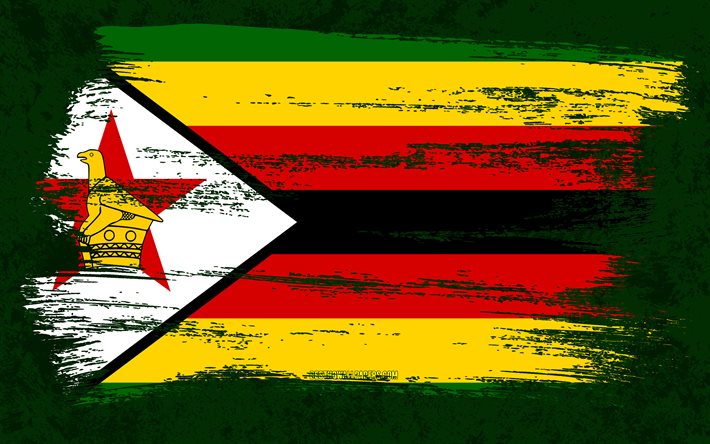4k, Zimbabwes flagga, grungeflaggor, afrikanska l&#228;nder, nationella symboler, penseldrag, grungekonst, Afrika, Zimbabwe