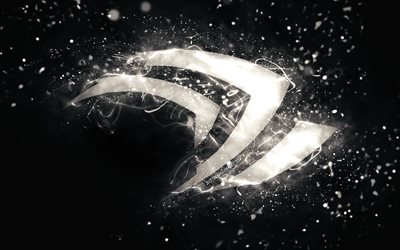 Logotipo branco da Nvidia, 4k, luzes de n&#233;on brancas, criativo, fundo abstrato preto, logotipo da Nvidia, marcas, Nvidia