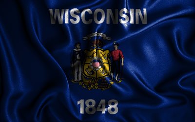 Wisconsin flag, 4k, silk wavy flags, american states, USA, Flag of Wisconsin, fabric flags, 3D art, Wisconsin, United States of America, Wisconsin 3D flag, US states
