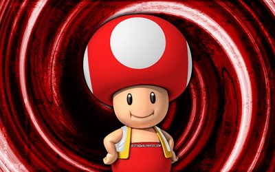 4k, Toad, red grunge background, Super Mario, mushroom, vortex, Super Mario characters, Super Mario Bros, Toad Super Mario
