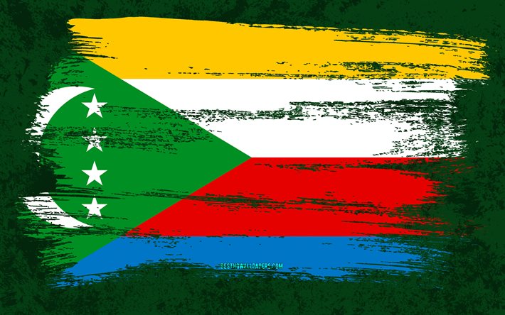 4k, Komorernas flagga, grungeflaggor, afrikanska l&#228;nder, nationella symboler, penseldrag, grungekonst, Afrika, Komorerna