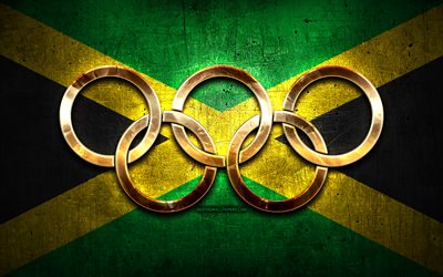 Jamaican olympic team, golden olympic rings, Jamaica at the Olympics, creative, Jamaican flag, metal background, Jamaica Olympic Team, flag of Jamaica