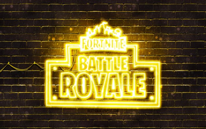 gelbes fortnite battle royale-logo, 4k, gelbe mauer, fortnite battle royale-logo, online-spiele, fortnite battle royale-neonlogo, fortnite battle royale