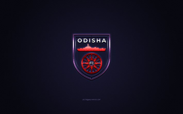 odisha fc, indischer fu&#223;ballverein, rotes logo, blauer kohlefaserhintergrund, indische super league, fu&#223;ball, bhubaneswar, indien, odisha fc-logo
