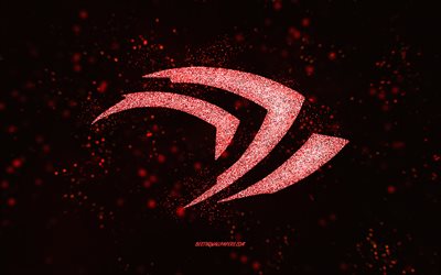 Logotipo com glitter vermelho da Nvidia, fundo preto, logotipo da Nvidia, arte com glitter vermelho, Nvidia, arte criativa, logotipo com glitter vermelho da Nvidia