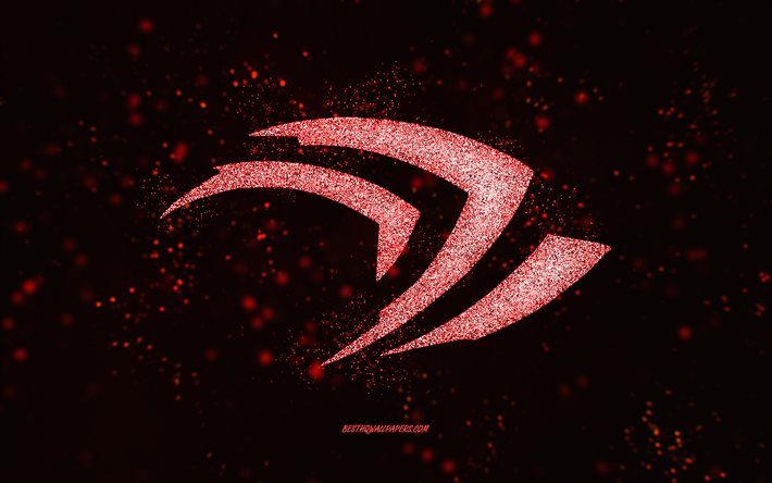Nvidia glitter logo, black background, Nvidia logo, red glitter art, Nvidia, creative art, Nvidia red glitter logo