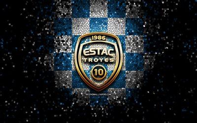 ES Troyes, parlak logo, Ligue 2, mavi beyaz damalı arka plan, futbol, fransız futbol kul&#252;b&#252;, Troyes logosu, mozaik sanatı, Troyes FC
