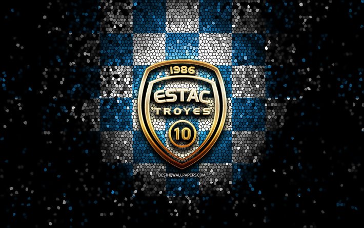ES Troyes, glitter logo, Ligue 2, blue white checkered background, soccer, french football club, Troyes logo, mosaic art, football, Troyes FC