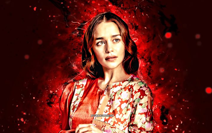 Emilia Clarke, 4k, luci al neon rosse, star del cinema, attrice britannica, Hollywood, creativa, Emilia Clarke 4K