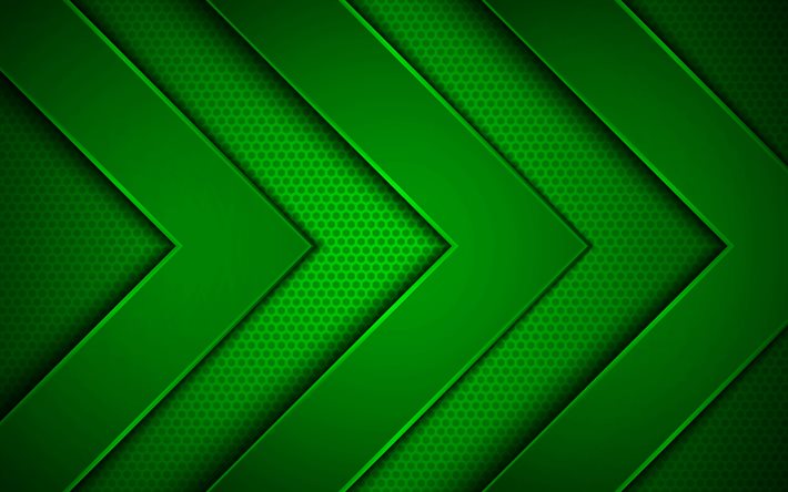 frecce di metallo verde, 4K, creative, frecce 3D, sfondo di griglia metallica verde, frecce verdi, sfondo con frecce, concetti di frecce, frecce