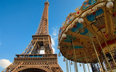 Eiffel Tower, Paris, carousel, blue sky, Paris Landmark, Capital of France, Eiffel Tower against the sky, France
