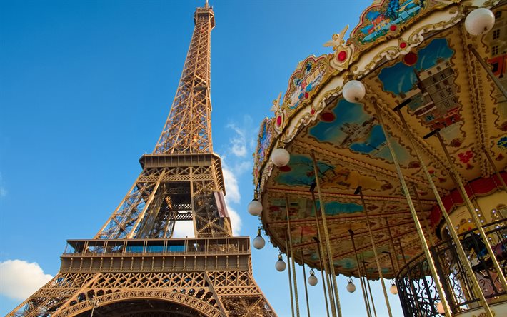 Eiffeltornet, Paris, karusell, bl&#229; himmel, Paris landm&#228;rke, Frankrikes huvudstad, Eiffeltornet mot himlen, Frankrike