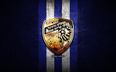 Hapoel Ironi Kiryat Shmona FC, golden logo, Ligat ha Al, blue metal background, football, Israeli football club, Hapoel Ironi Kiryat Shmona logo, soccer, Hapoel Haifa