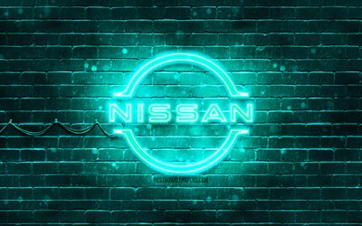 Nissan turquoise logo, 4k, turquoise brickwall, Nissan logo, cars brands, Nissan neon logo, Nissan