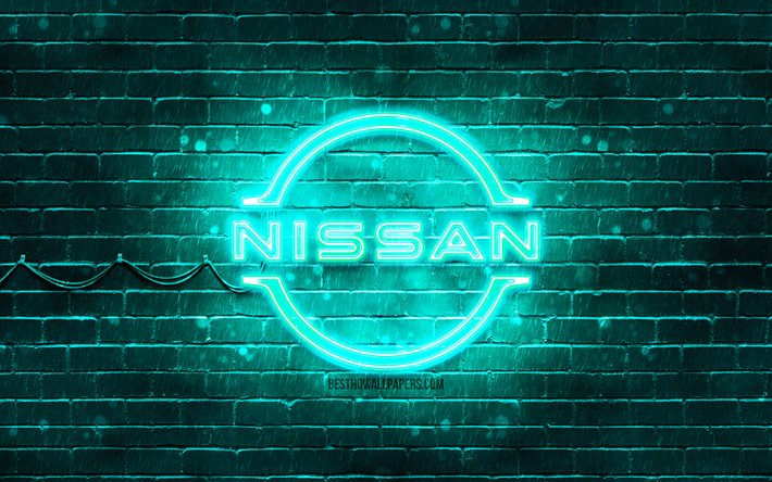 Nissan turquoise logo, 4k, turquoise brickwall, Nissan logo, cars brands, Nissan neon logo, Nissan