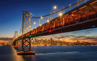 San Francisco, San Francisco-Oakland Bay Bridge, evening, sunset, San Francisco skyline, skyscrapers, Transamerica Pyramid, Salesforce Tower, 181 Fremont Street, California, USA