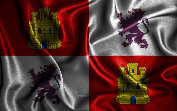 Bandeira de Castela e Le&#227;o, 4k, bandeiras onduladas de seda, Comunidades da Espanha, bandeiras de tecido, arte 3D, comunidades espanholas, Espanha, Castela e Le&#227;o 3D