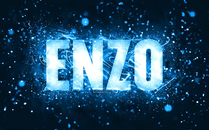 Happy Birthday Enzo, 4k, blue neon lights, Enzo name, creative, Enzo Happy Birthday, Enzo Birthday, popular american male names, picture with Enzo name, Enzo