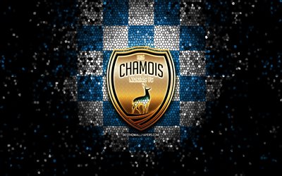Chamois Niortais FC, glitter logo, Ligue 2, blue white checkered background, soccer, french football club, Chamois Niortais logo, mosaic art, football, FC Chamois Niortais