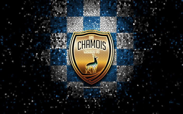 Chamois Niortais FC, logo paillet&#233;, Ligue 2, fond &#224; carreaux blanc bleu, football, club de football fran&#231;ais, logo Chamois Niortais, art mosa&#239;que, FC Chamois Niortais