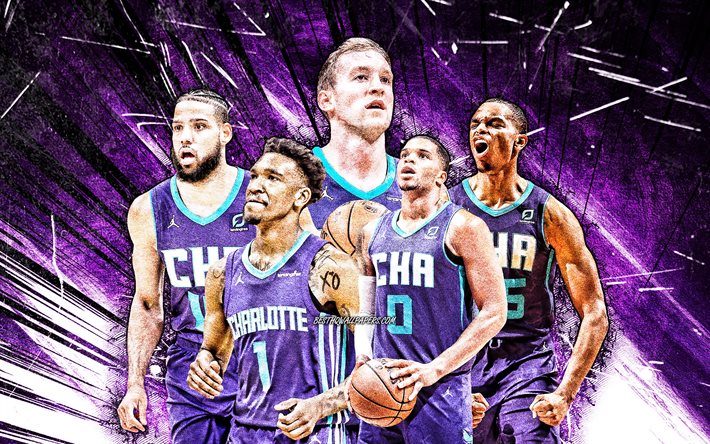 4k, Malik Monk, Cody Zeller, Caleb Martin, Miles Bridges, PJ Washington, grunge art, Charlotte Hornets, basketball, NBA, Charlotte Hornets team, violet abstract rays, basketball stars