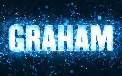 Happy Birthday Graham, 4k, blue neon lights, Graham name, creative, Graham Happy Birthday, Graham Birthday, popular american male names, picture with Graham name, Graham