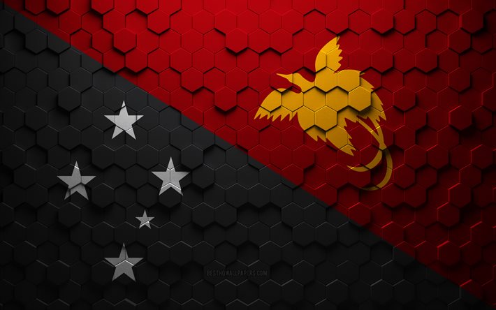 Bandiera della Papua Nuova Guinea, arte a nido d&#39;ape, bandiera esagonale della Papua Nuova Guinea, Papua Nuova Guinea, arte esagonale 3d, bandiera della Papua Nuova Guinea