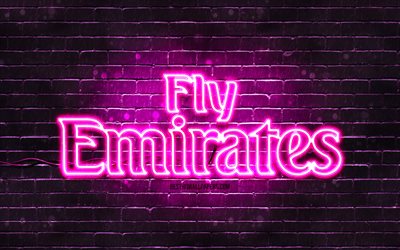 Emirates Airlines purple logo, 4k, purple brickwall, Emirates Airlines logo, airline, Emirates Airlines neon logo, Emirates Airlines, Fly Emirates