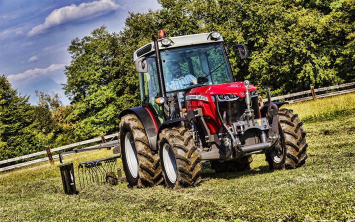 Massey Ferguson 3710 WF, 4k, raccolta erba, HDR, trattori 2021, macchine agricole, raccolto, trattore rosso, agricoltura, Massey Ferguson
