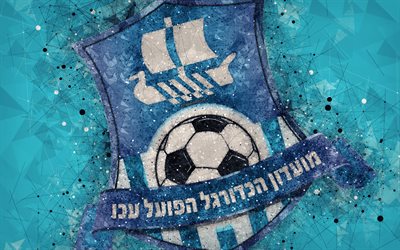 Hapoel Akko FC, 4k, creative logo, geometric art, Israeli football club, emblem, blue abstract background, Ligat haAl, Akko, Israel, football, Israeli Premier League