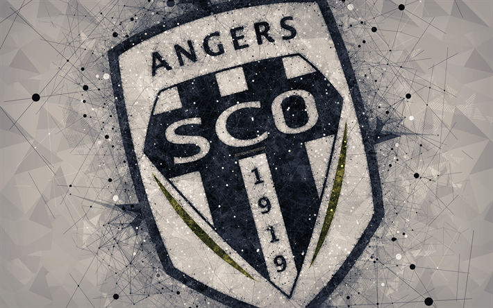 Angers SCO, 4k, geometric art, French football club, creative art, logo, emblem, Ligue 1, gray abstract background, Angers, France, football