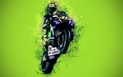 Valentino Rossi, 4k, grunge-tyyliin, creative art, MotoGP, Italian moottoripy&#246;r&#228;n racer, Movistar Yamaha joukkue, Yamaha yzr-M1, kirkkaat v&#228;rit, roiskeet, vihre&#228; grunge tausta