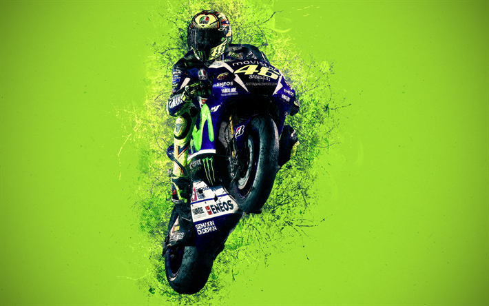 Valentino Rossi, 4k, grunge style, creative art, MotoGP, Italian motorcycle racer, Movistar Yamaha team, Yamaha YZR-M1, bright colors, splashes, green grunge background