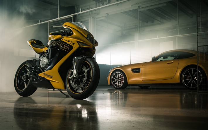 800 MV Agusta F3, 2018, AMG, sarı spor bisiklet, photosession, Mercedes, yarış motosiklet