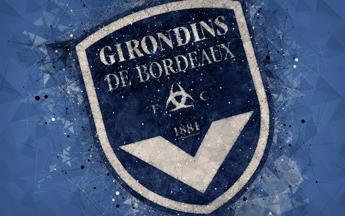 Le FC Girondins de Bordeaux, 4k, geometric art, club fran&#231;ais de football, art cr&#233;atif, logo, embl&#232;me, Ligue 1, abstrait bleu fond, Bordeaux, France, football, FC Bordeaux