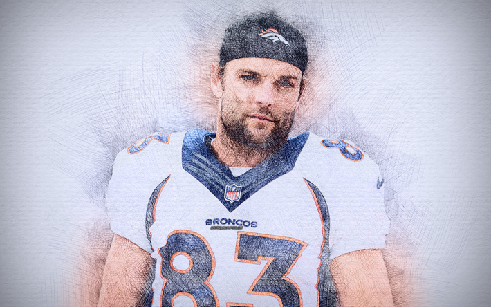 Wes Welker, 4k, œuvres d&#39;art, de football am&#233;ricain, les Broncos de Denver, de la NFL, de dessin, de Wes Welker, la Ligue Nationale de Football