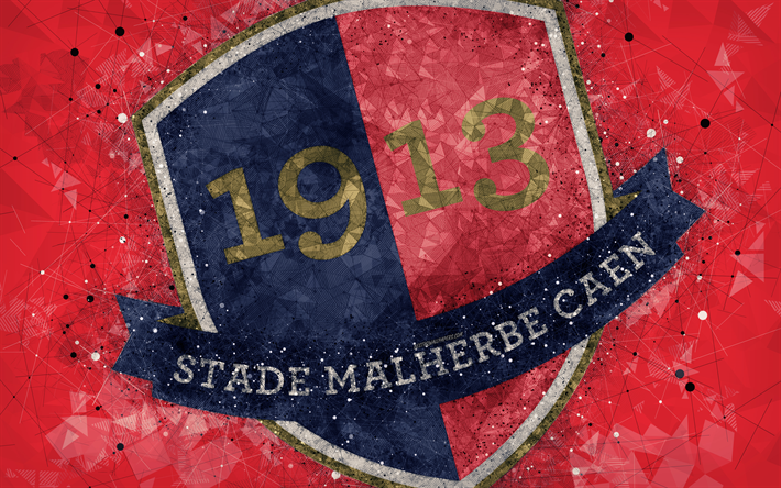 Stade Malherbe Caen, 4k, arte geometrica, francese football club, creativo, arte, logo, stemma, Ligue 1, rosso, astratto sfondo, Caen, in Francia, il calcio, il Caen FC