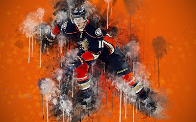 Corey Perry, 4k, Anaheim Ducks, Kanadensisk ishockeyspelare, grunge stil, st&#228;nk av f&#228;rg, r&#246;d bakgrund, anfallare, NHL, USA, Kanada, kreativ konst