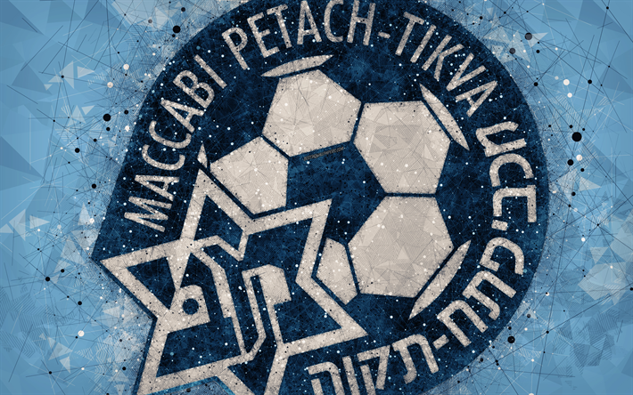 Maccabi Petah Tikva FC, 4k, yaratıcı logo, geometrik sanat, İsrail Futbol Kul&#252;b&#252; amblemi, mavi soyut arka plan, Ligat haAl, Petah Tikva, İsrail futbol, İsrail Ligi