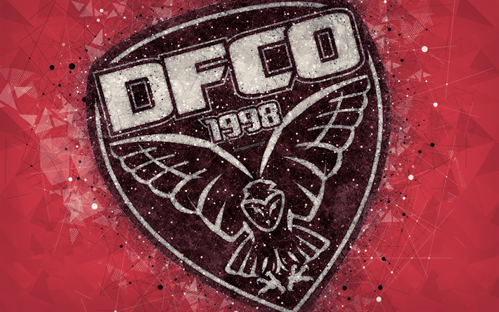 Dijon FCO, 4k, geometric art, French football club, creative art, logo, emblem, Ligue 1, red abstract background, Dijon, France, football