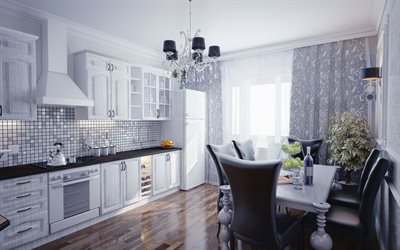 classic kitchen interior, light colors, modern kitchen design, stylish interior design, white kitchen, luxurious interior