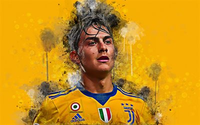 Paulo Dybala, 4k, kreativ konst, st&#228;nk av f&#228;rg, grunge stil, portr&#228;tt, ansikte, Juventus FC, Italien, Serie A, fotboll, gul uniform, Argentinsk fotbollsspelare