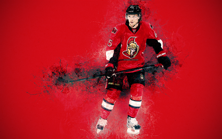 Erik Karlsson, 4k, Ottawa Senators, svedese, giocatore di hockey, grunge, arte, schizzi di vernice, rosso, sfondo, linee luminose, difensore NHL, USA, Canada, arte creativa, hockey