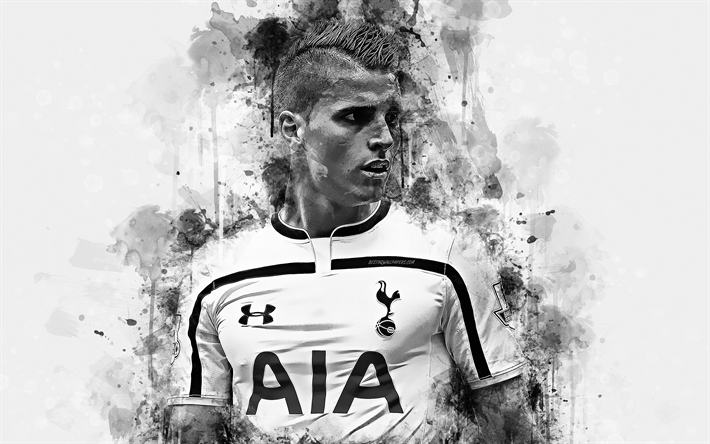 Erik Lamela, Tottenham Hotspur FC, 4k, Argentinian footballer, creative portrait, grunge art, splashes of paint, monochrome art, face, football, England, Premier League
