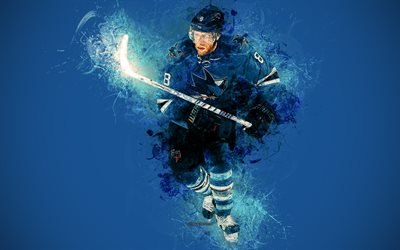 Joe Pavelski, 4k, San Jose Sharks, Americano, giocatore di hockey, grunge, arte, schizzi di vernice, sfondo rosso, avanti, NHL, USA, creativo, hockey