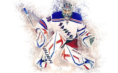 Henrik Lundqvist, 4k, New York Rangers, svedese, giocatore di hockey, grunge, arte, schizzi di vernice, sfondo bianco, portiere, NHL, USA, creativo, hockey